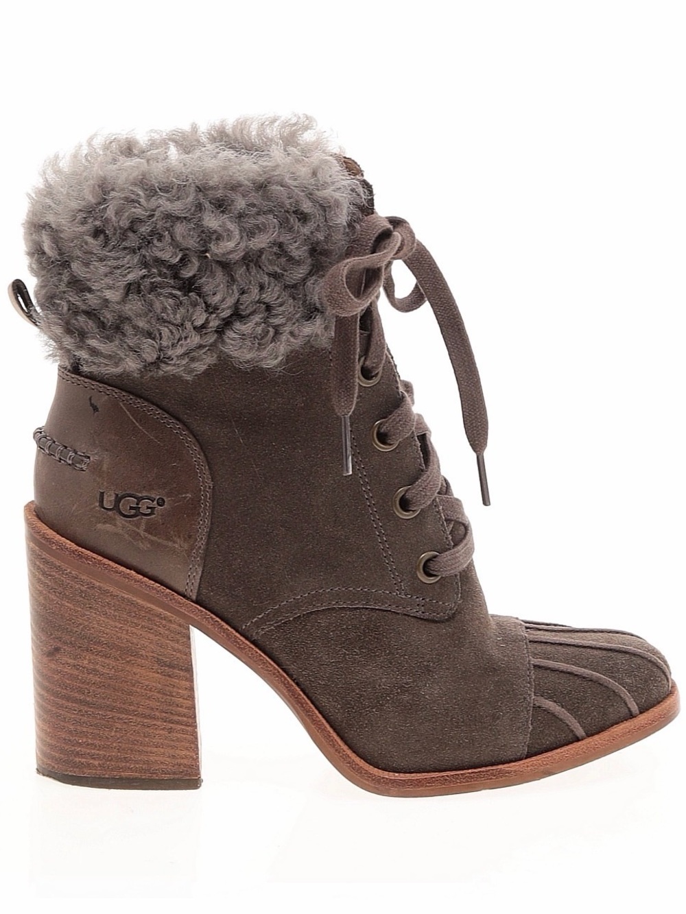 UGG Women's Brown Suede Lace-Up Shearling Cuff Block Heel Boot